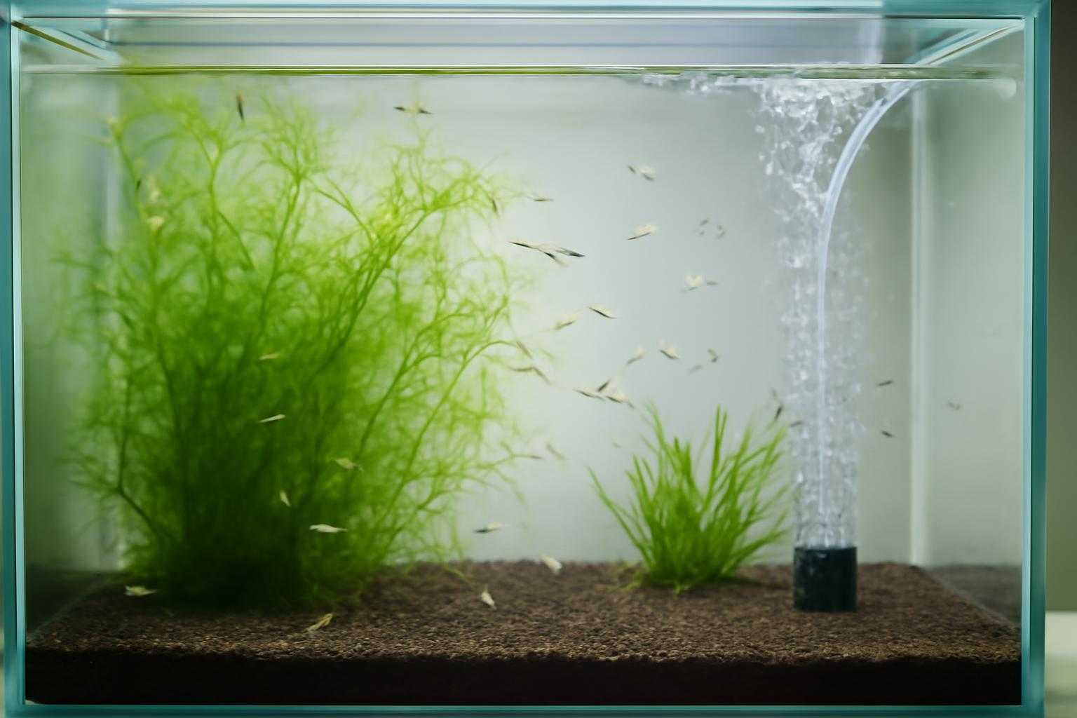 稚魚が泳ぐ水槽と水草、エアレーションの様子