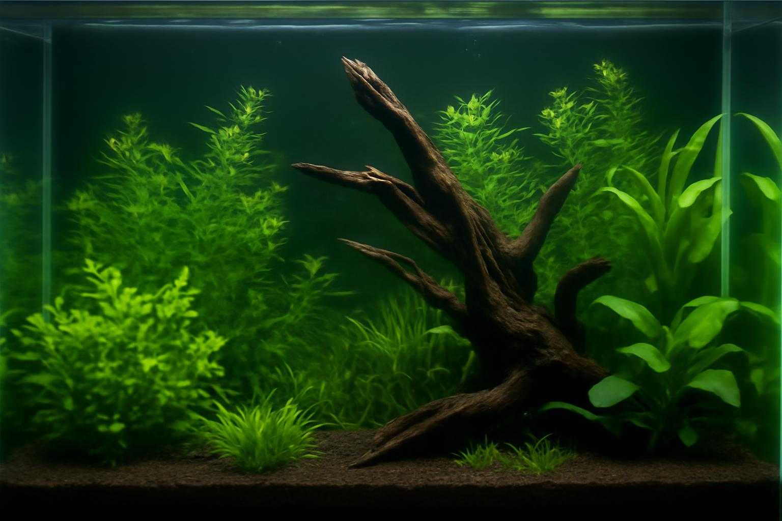 水槽に水草と流木が入っている準備完了の状態