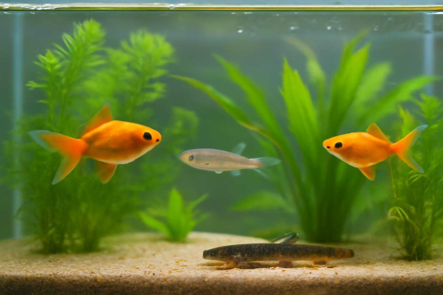 金魚、メダカ、ドジョウなどヒーター不要な魚が泳ぐ水槽