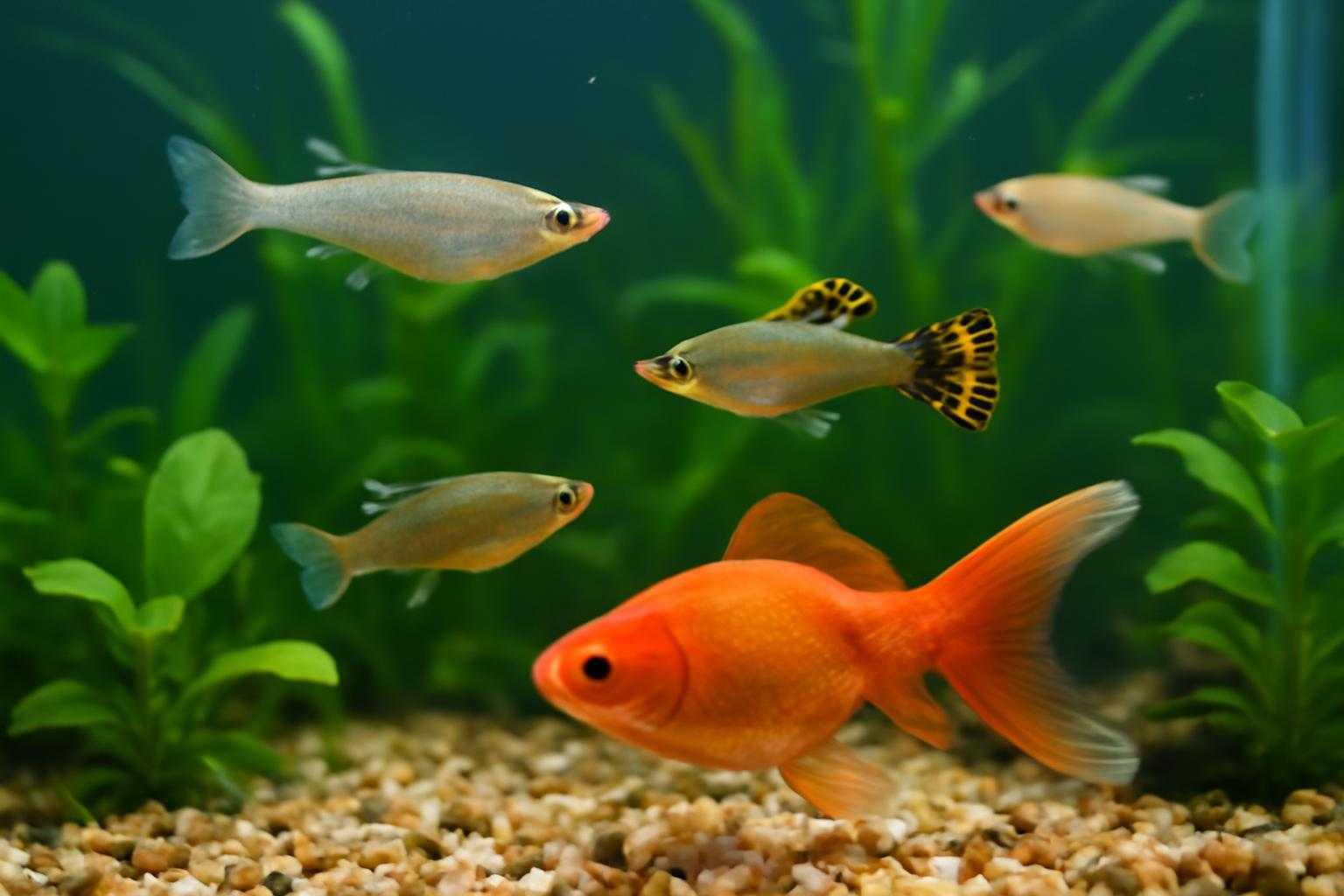 メダカ、金魚、グッピーなど5種類の丈夫な観賞魚が一堂に揃った水槽