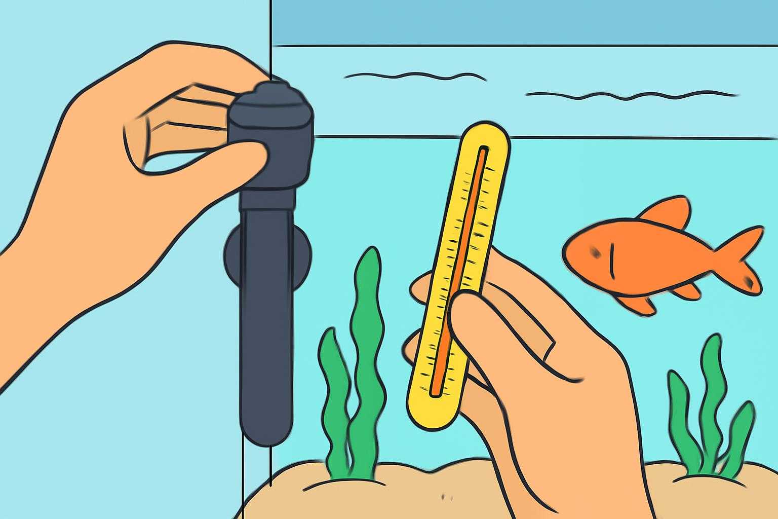 水温計を確認しながら観賞魚の飼育環境を整える人の手元のクローズアップ