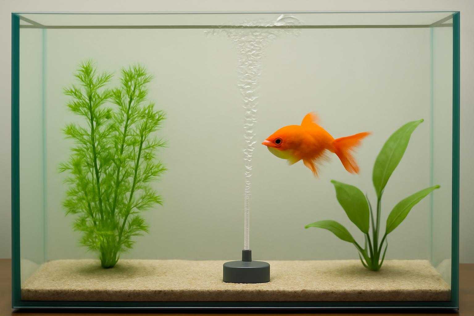 静かなエアレーション装置と水草が入った金魚の水槽