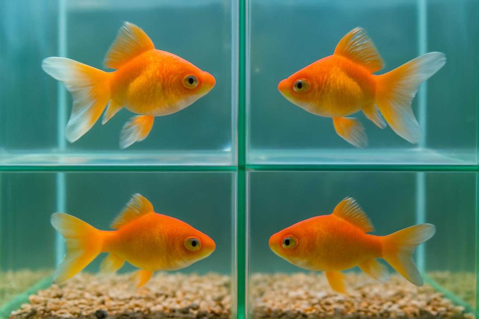 異なる種類の金魚が泳いでいる様子を比較した水槽