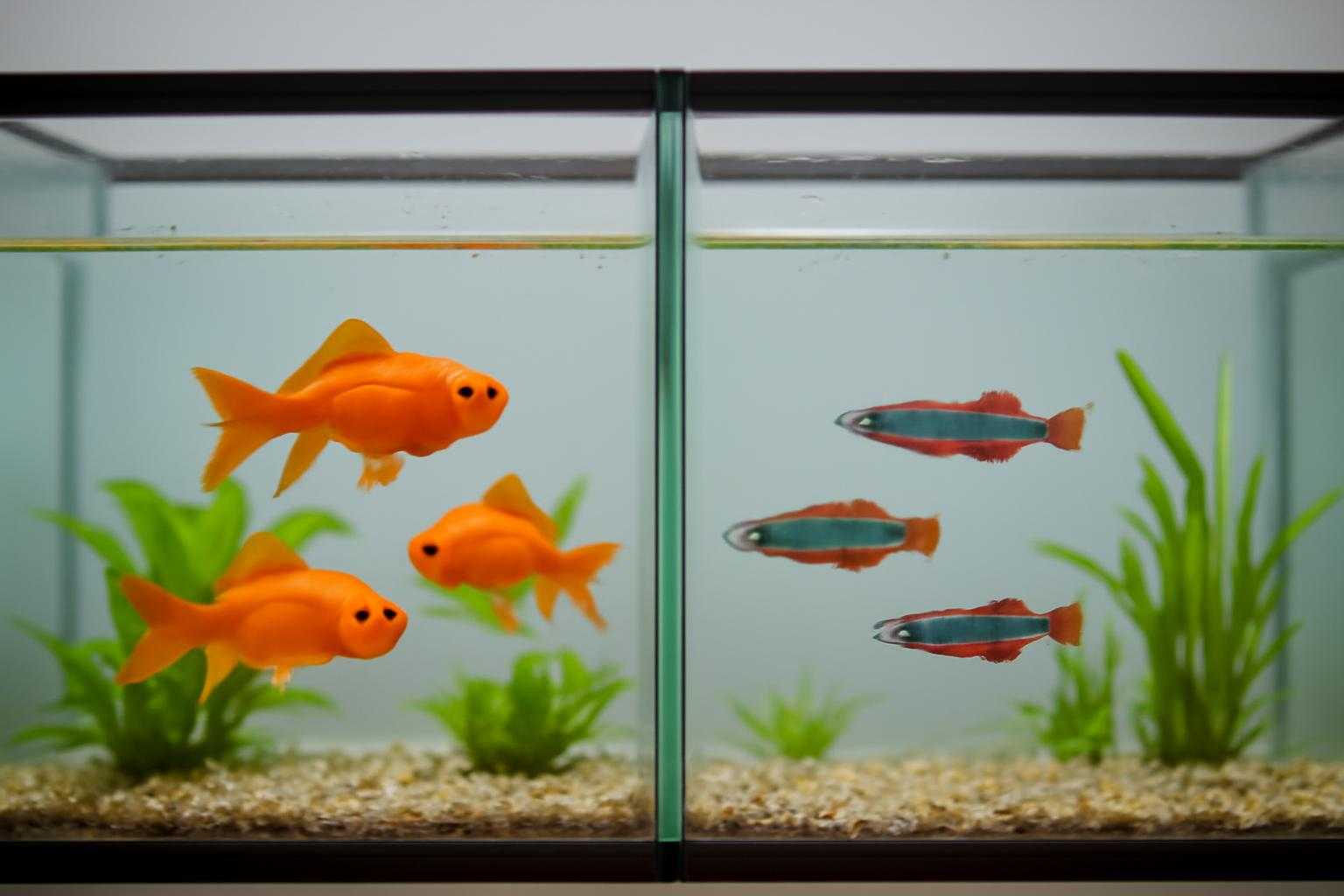 金魚とメダカが別々の水槽に分けられている様子