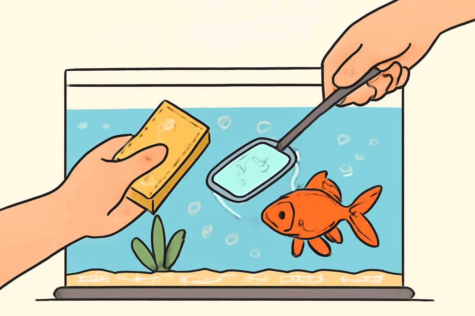 金魚の水槽を清掃している様子を示す画像