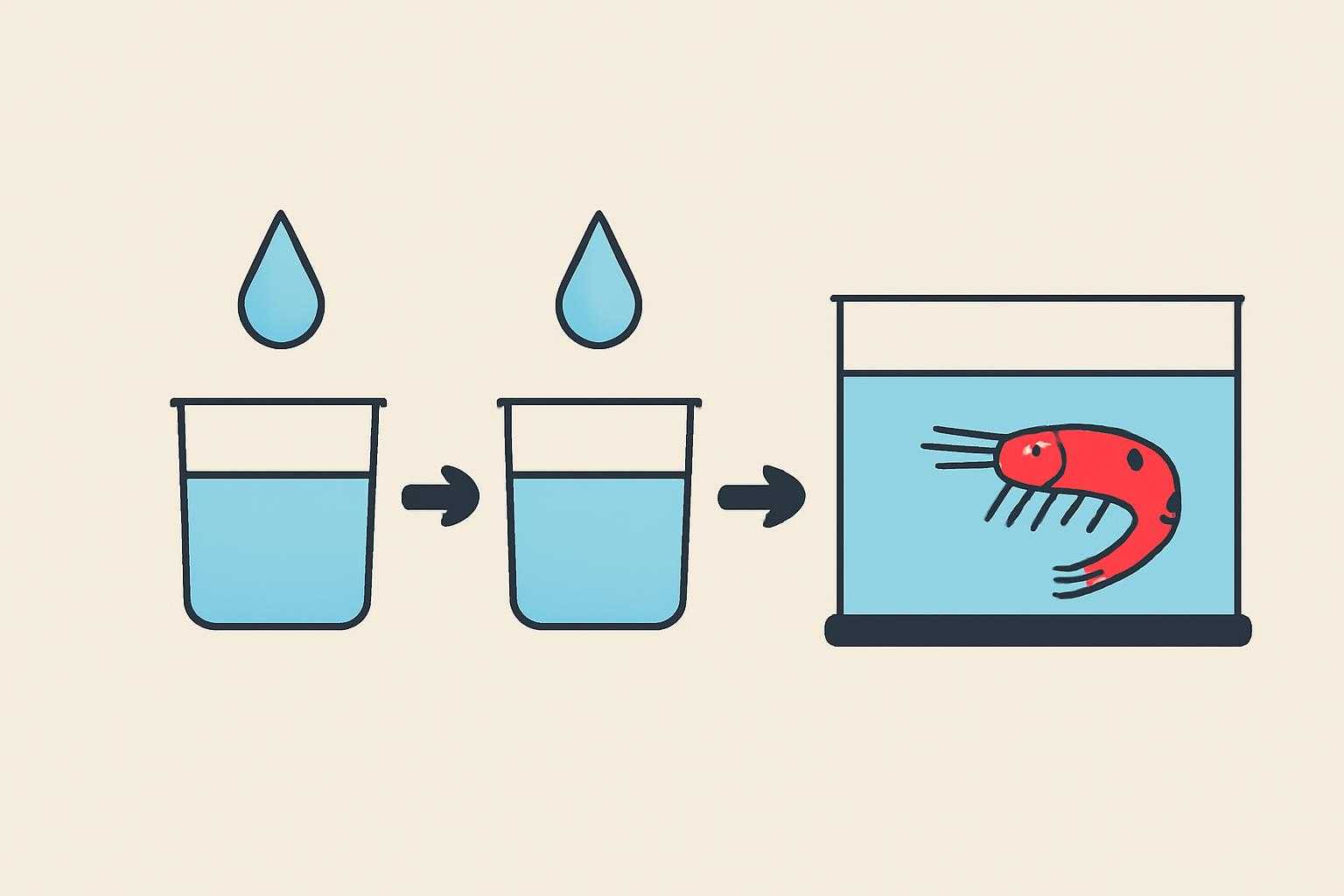 エビを水槽に導入する際の段階的な水合わせプロセスを示すイラスト
