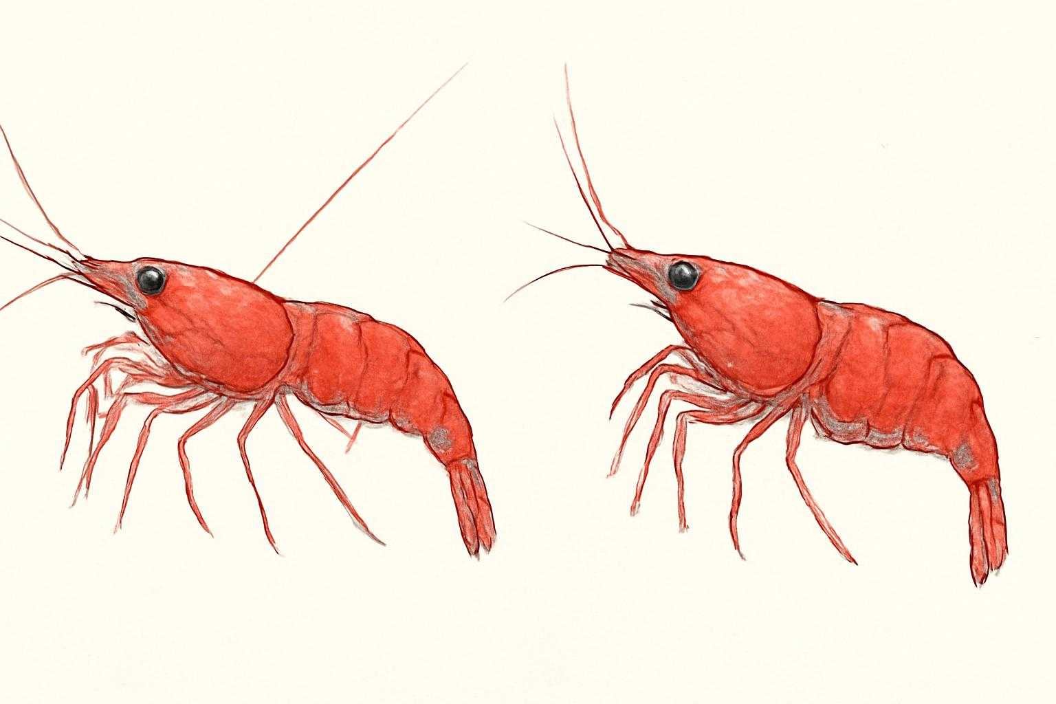 オスとメスのチェリーシュリンプを並べて比較した様子