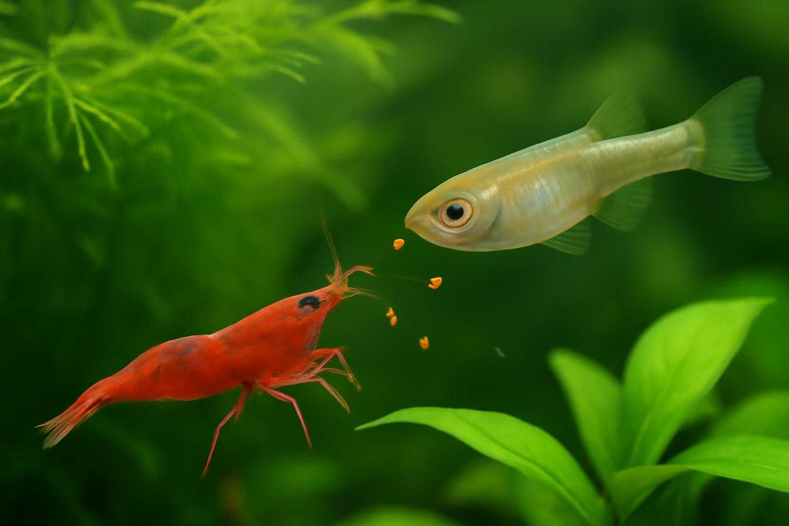 水草が生い茂る水槽で、エサを食べるシュリンプとメダカ