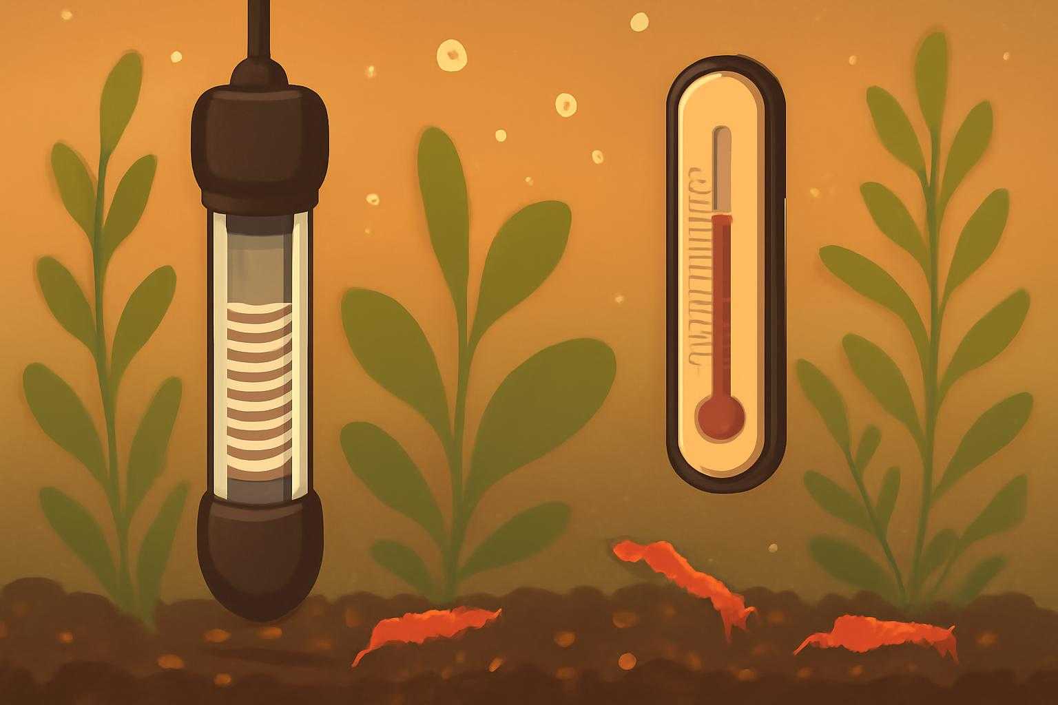 水槽用ヒーターとサーモスタットで温度管理されている淡水水槽の様子