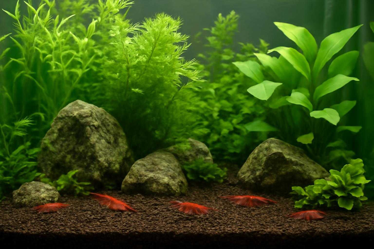 水草が生えた水槽でヌマエビが生活している様子