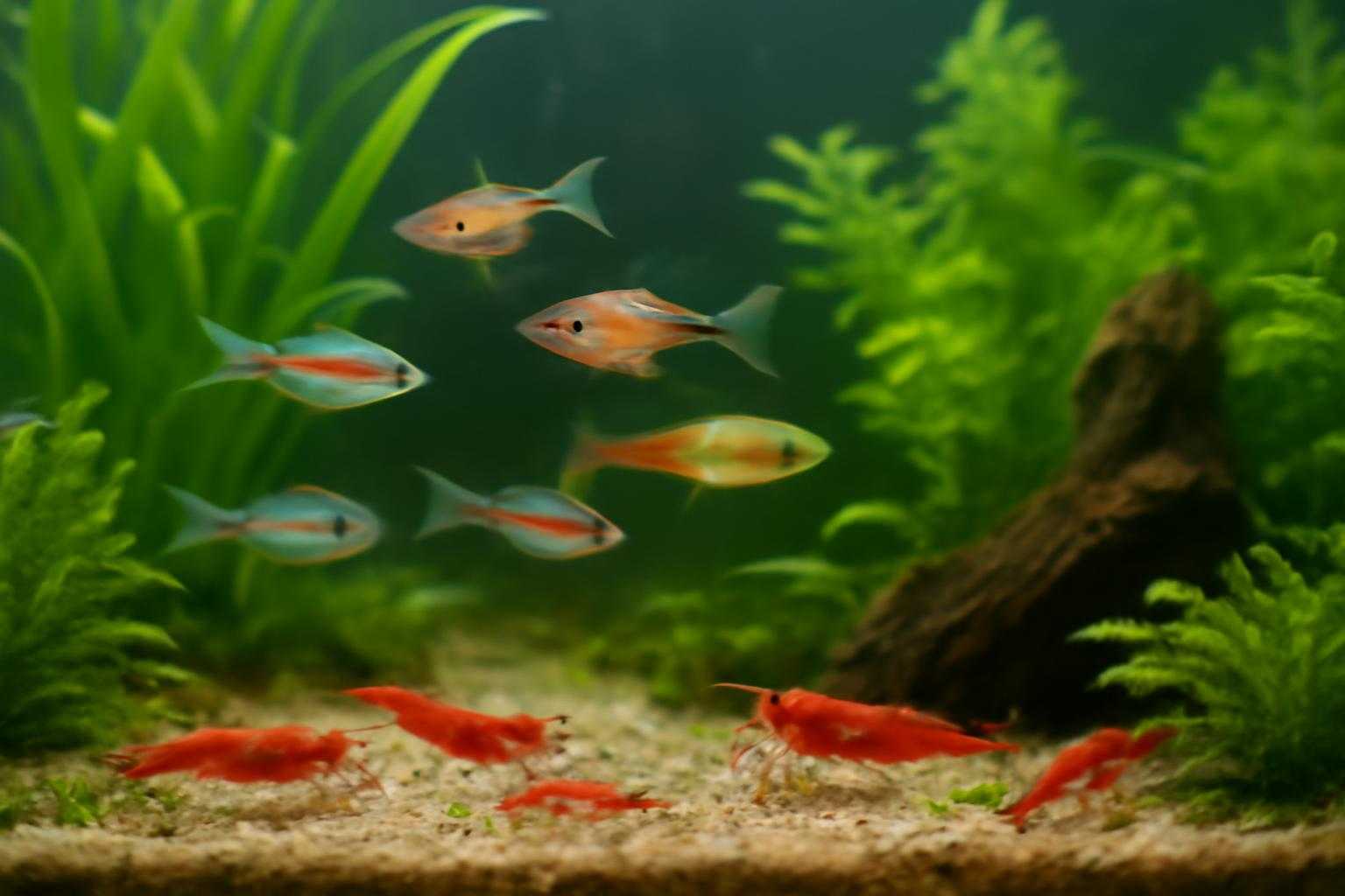 ヌマエビと相性の良い小型魚が一緒に泳いでいる混泳水槽