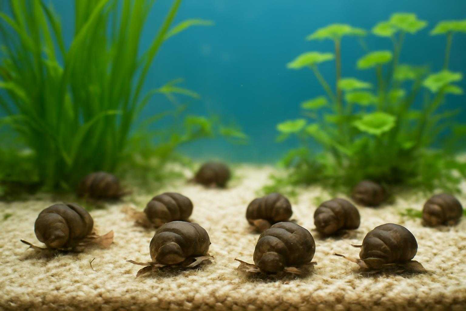 清潔な水槽でカワニナが複数匹、水草の周りを動いている様子