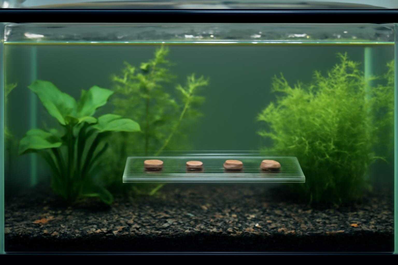 水槽内で餌の量を制限し、カワニナの増殖を抑える様子