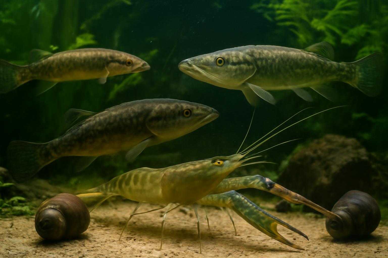 水槽内でカワニナを狙う魚やエビなどの天敵