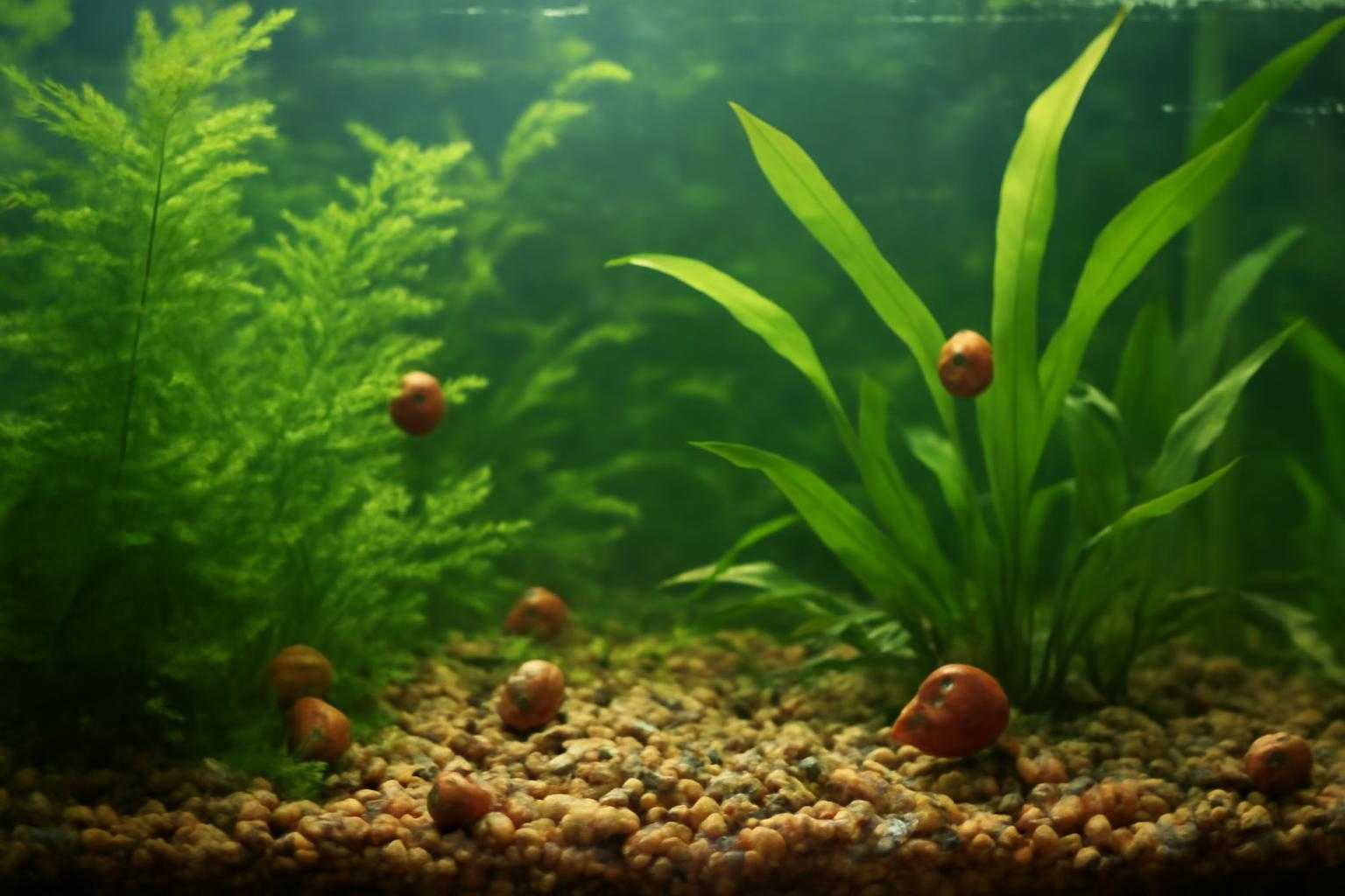 水草が生える清潔な水槽でサカマキガイが活動している