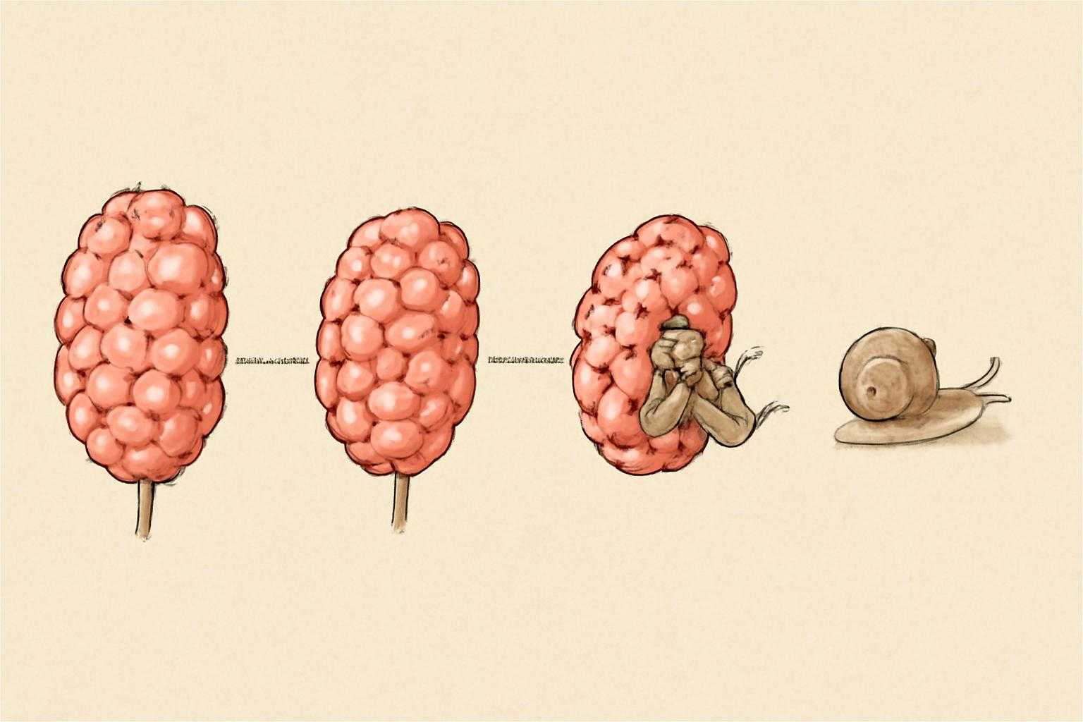 タニシの卵が段階的に孵化する過程を示したイラスト