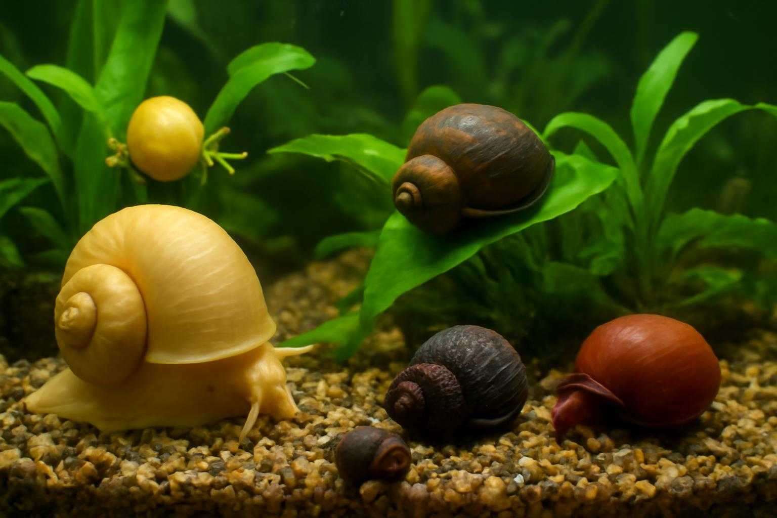 水槽内でタニシと他の貝が一緒に生活している様子
