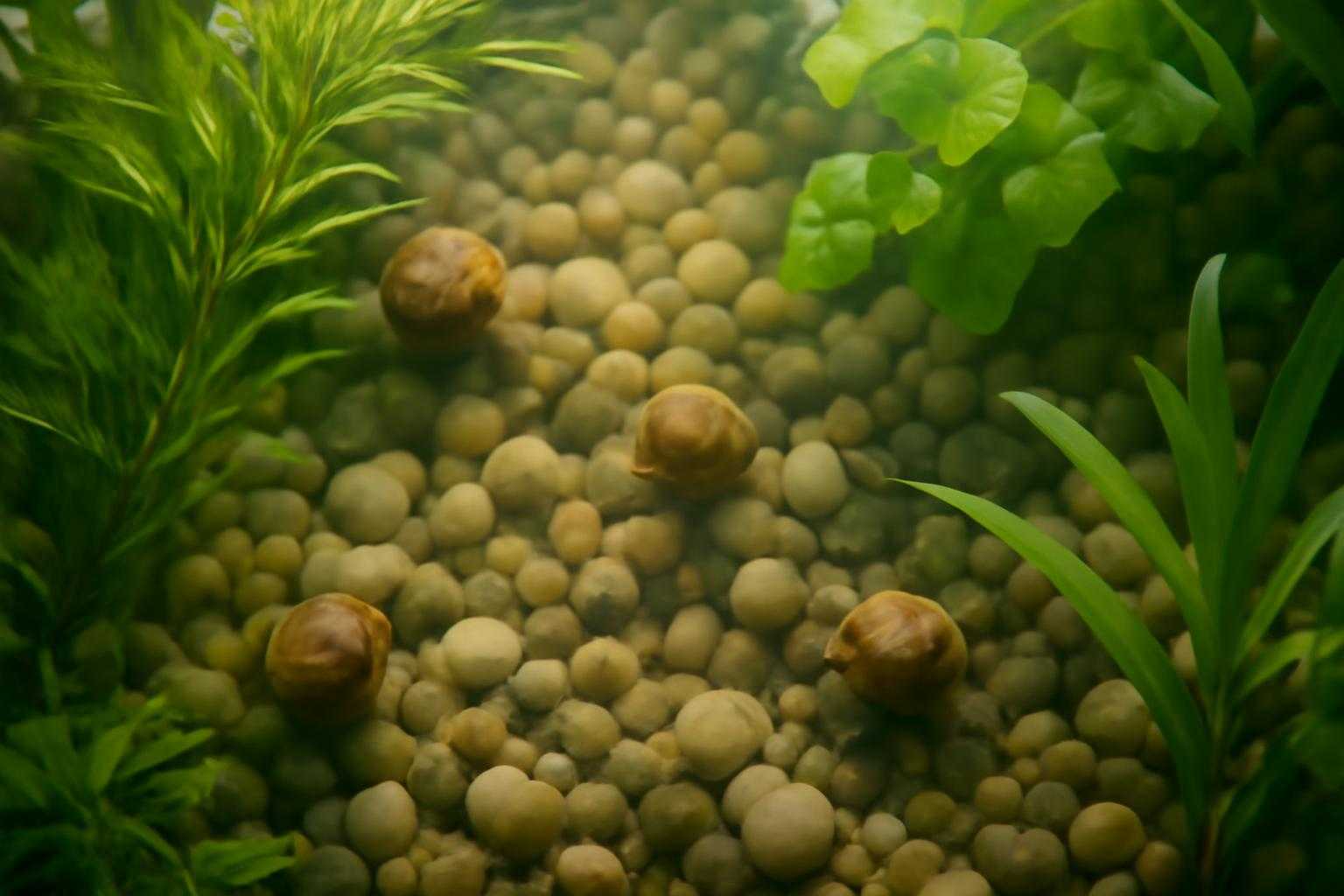 水槽の中でヒメタニシと水草が共存する穏やかな風景