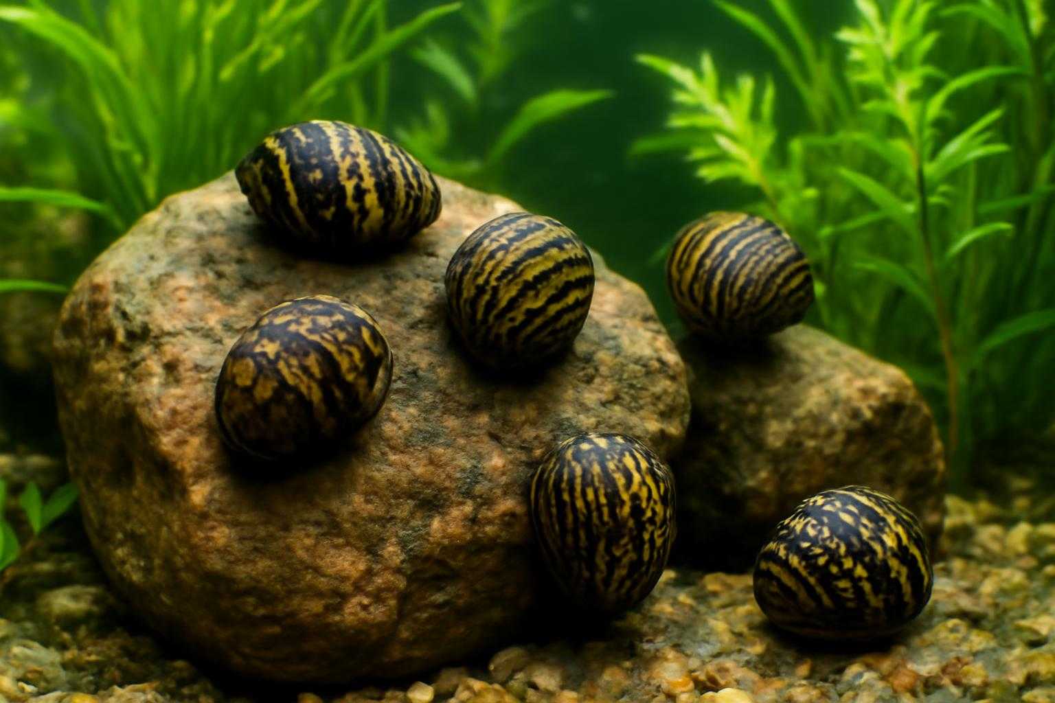 水槽の中で複数のフネアマ貝が岩に付着している様子
