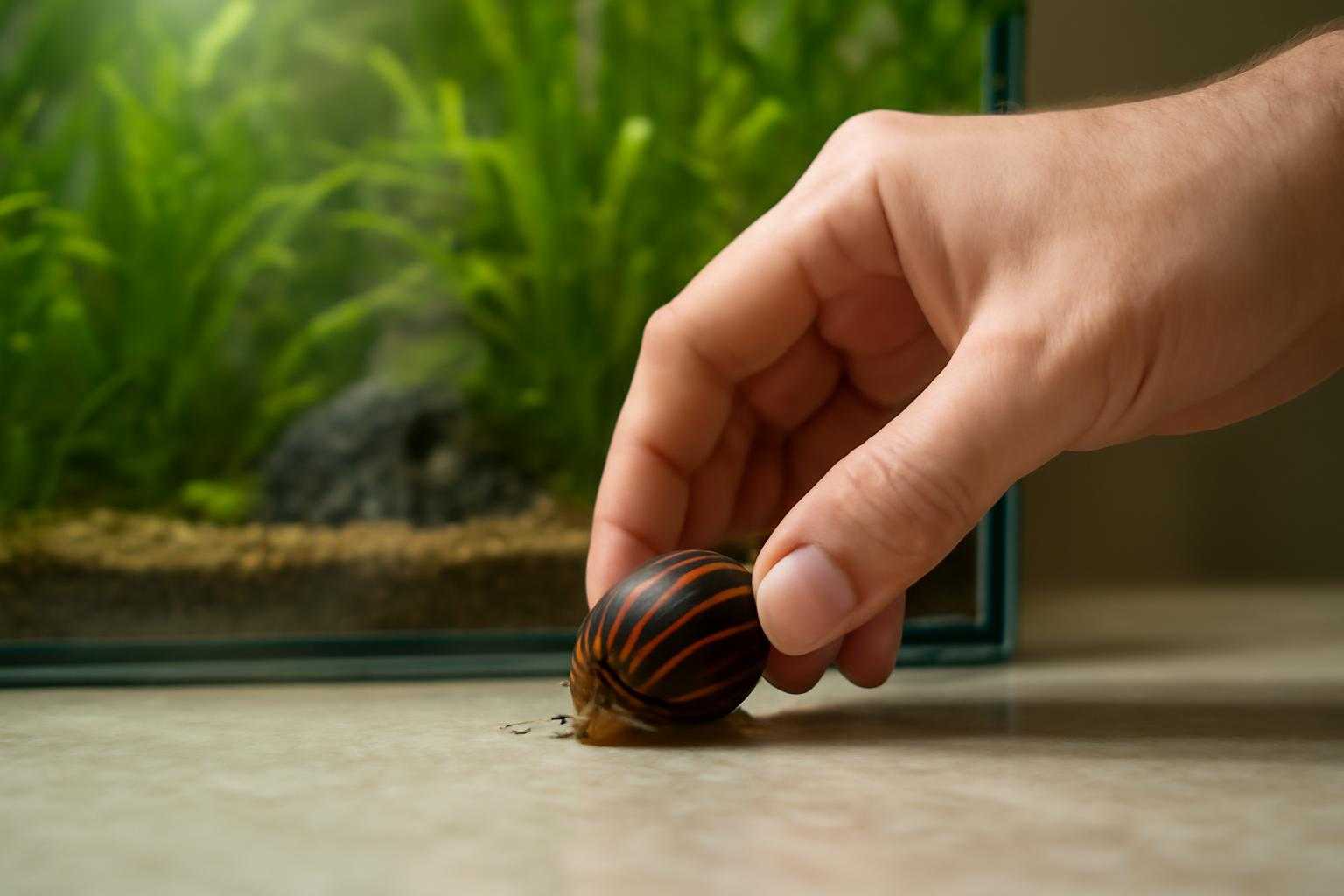 脱走したフネアマ貝を見つけて水槽に戻す様子