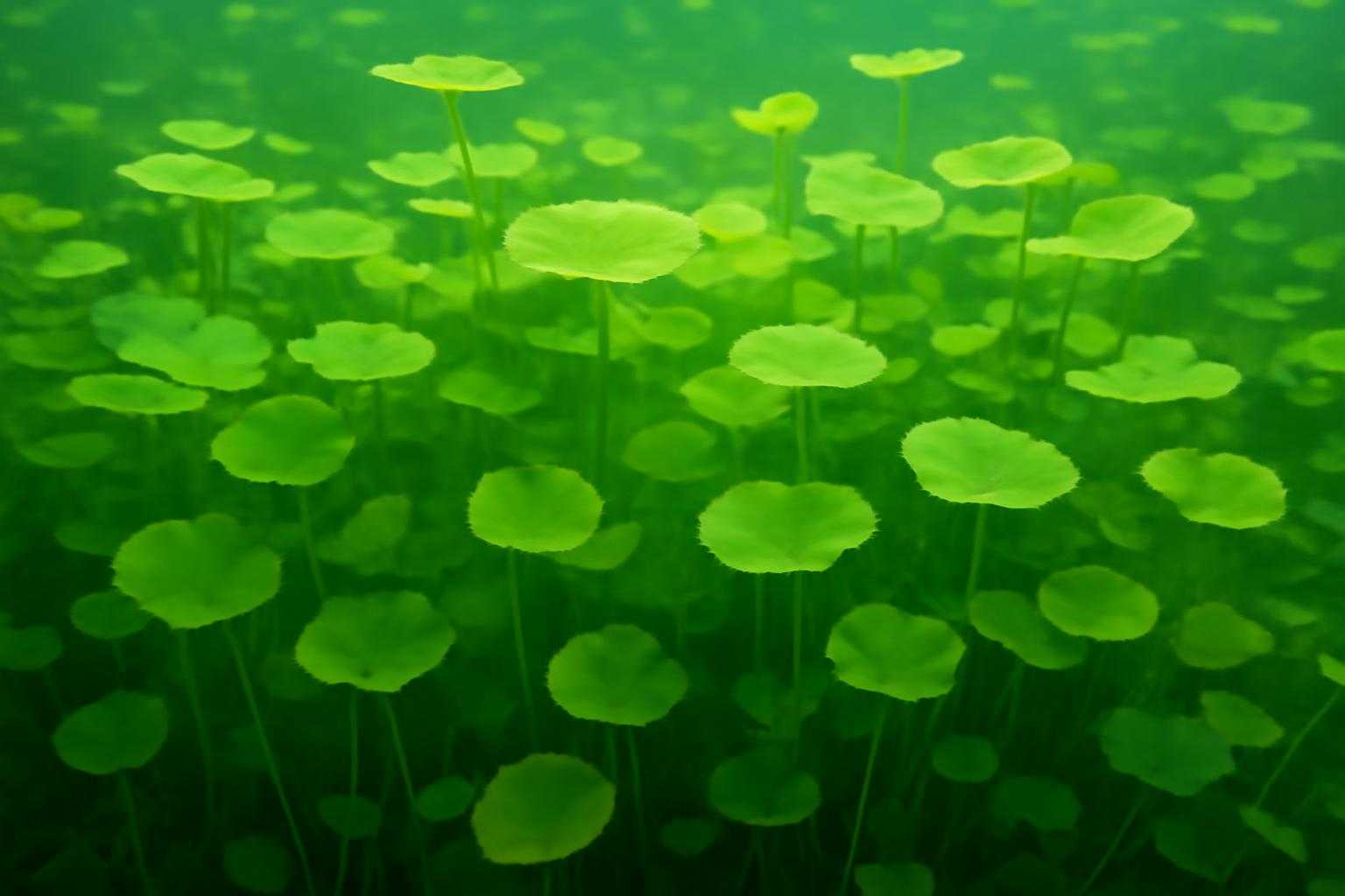 水中で茂るウォーターコインの植物全体と、増殖する様子