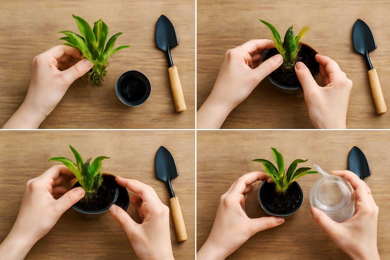 ウォーターコインの苗をポットに植える準備をしている様子