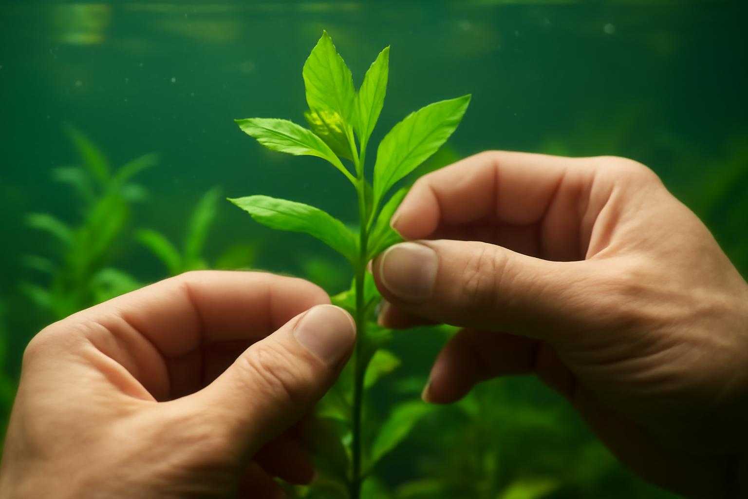 健康的なウォーターバコパの茎葉を手に持ち、質の良い苗を選別している様子