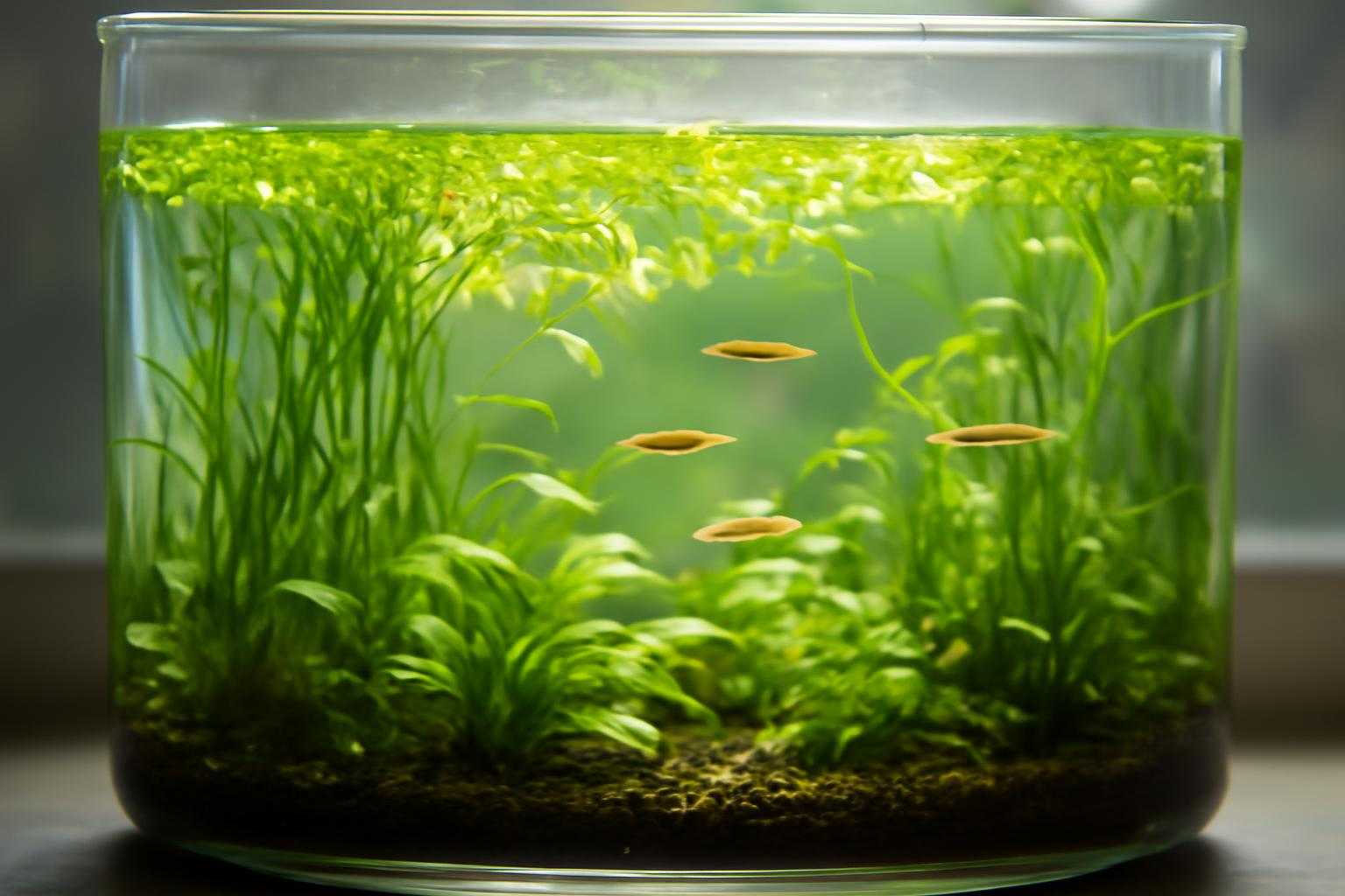 室内の照明下で育つメダカと水草が入った美しいビオトープ