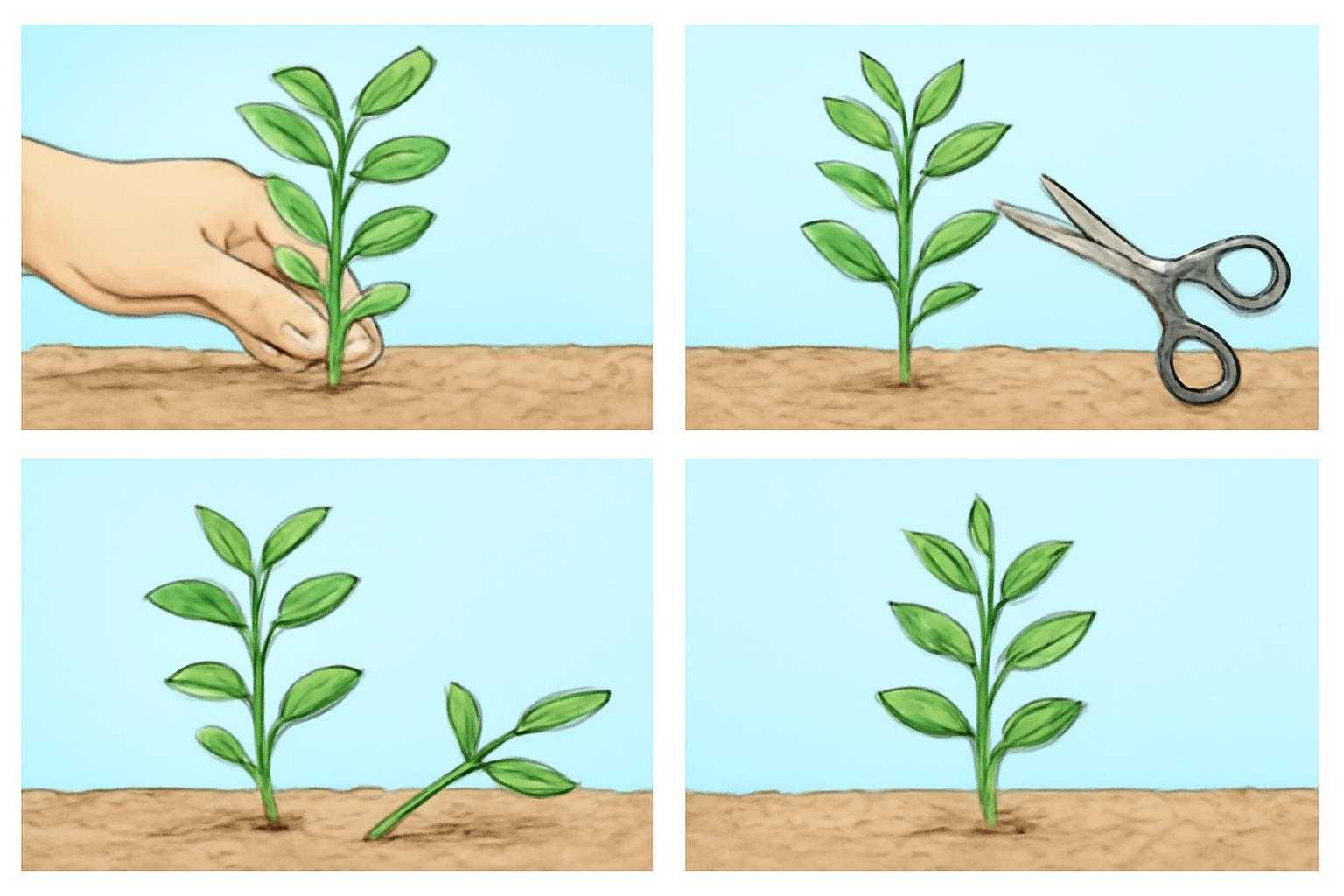 ウォーターバコパの苗を水槽に植え込み、茎を増やす過程を示す図解