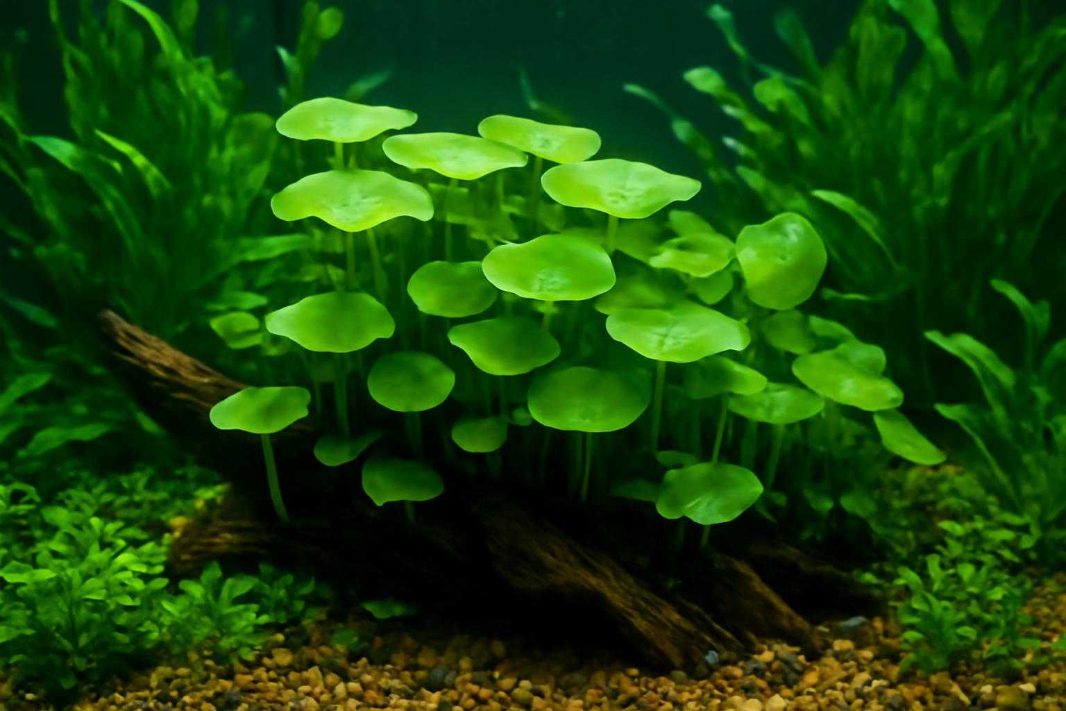 水槽内でウォーターマッシュルームが根を張り、緑に生い茂る様子の水中風景