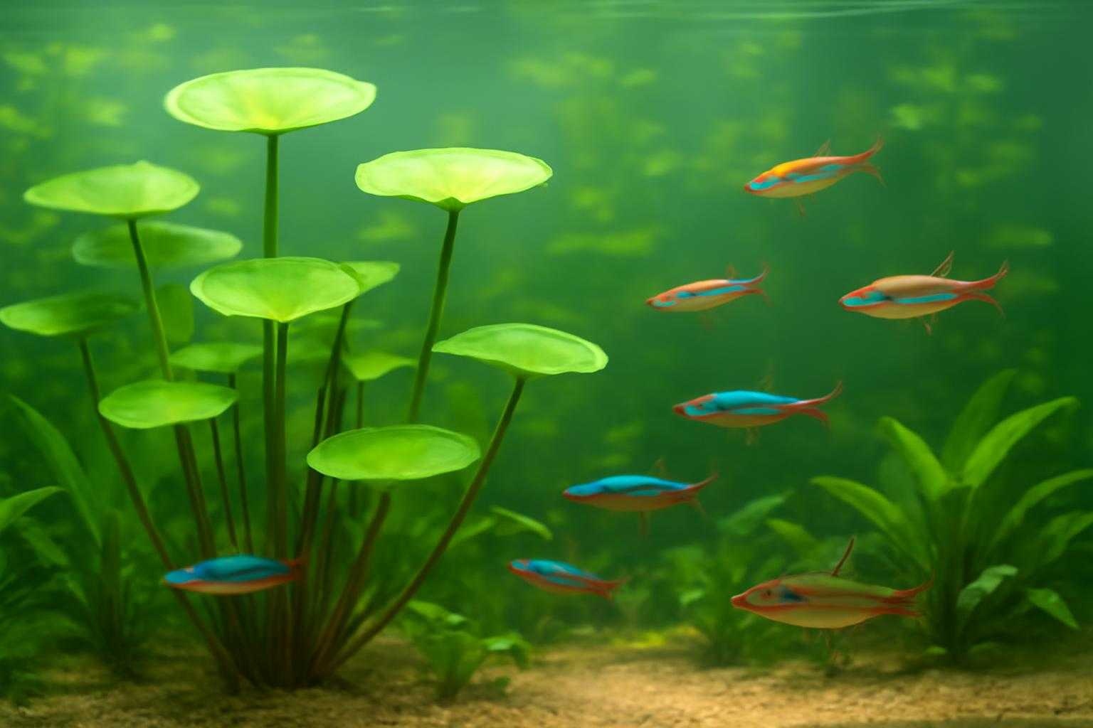 ウォーターマッシュルームと熱帯魚が共存する水槽の風景