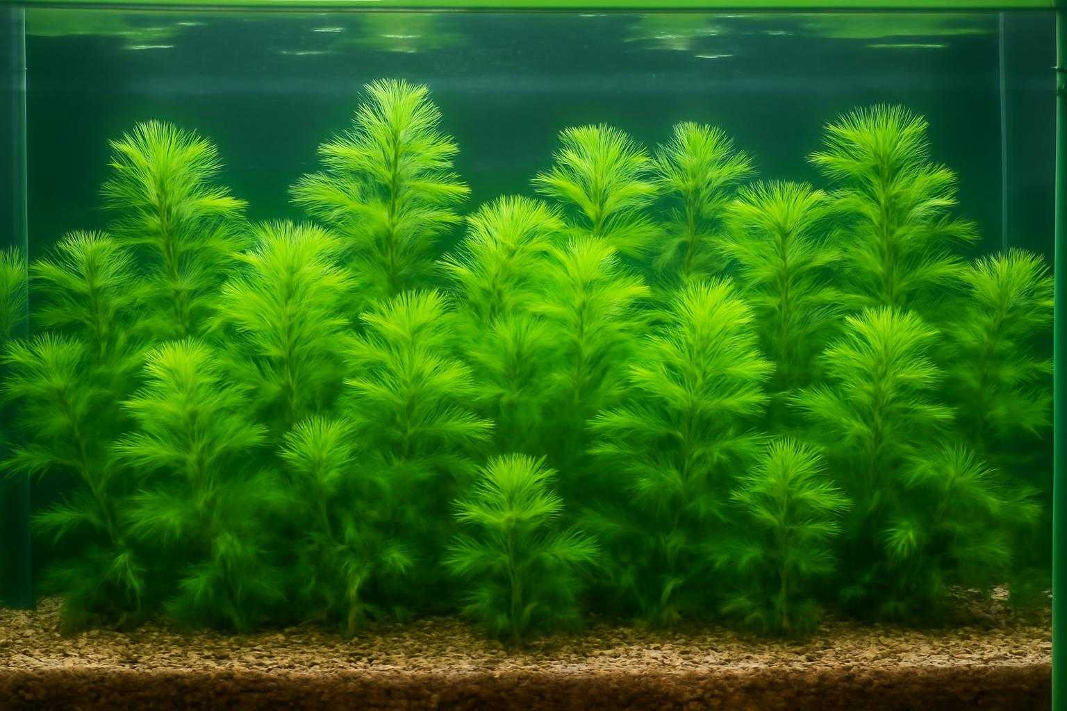 水槽内で育つカボンバの様子と水草の茂った環境