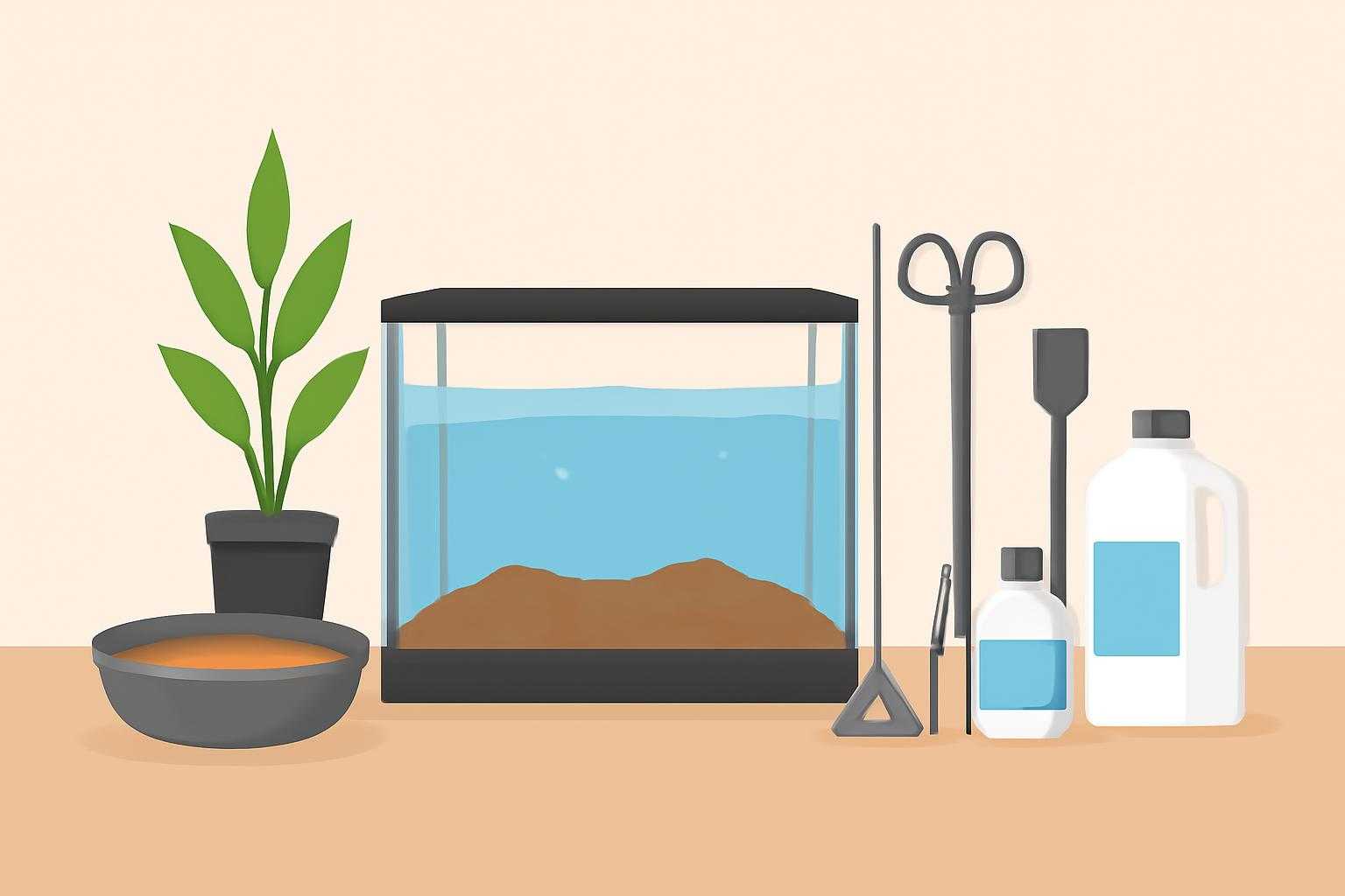 水槽にソイルと水草用の道具が準備されている様子