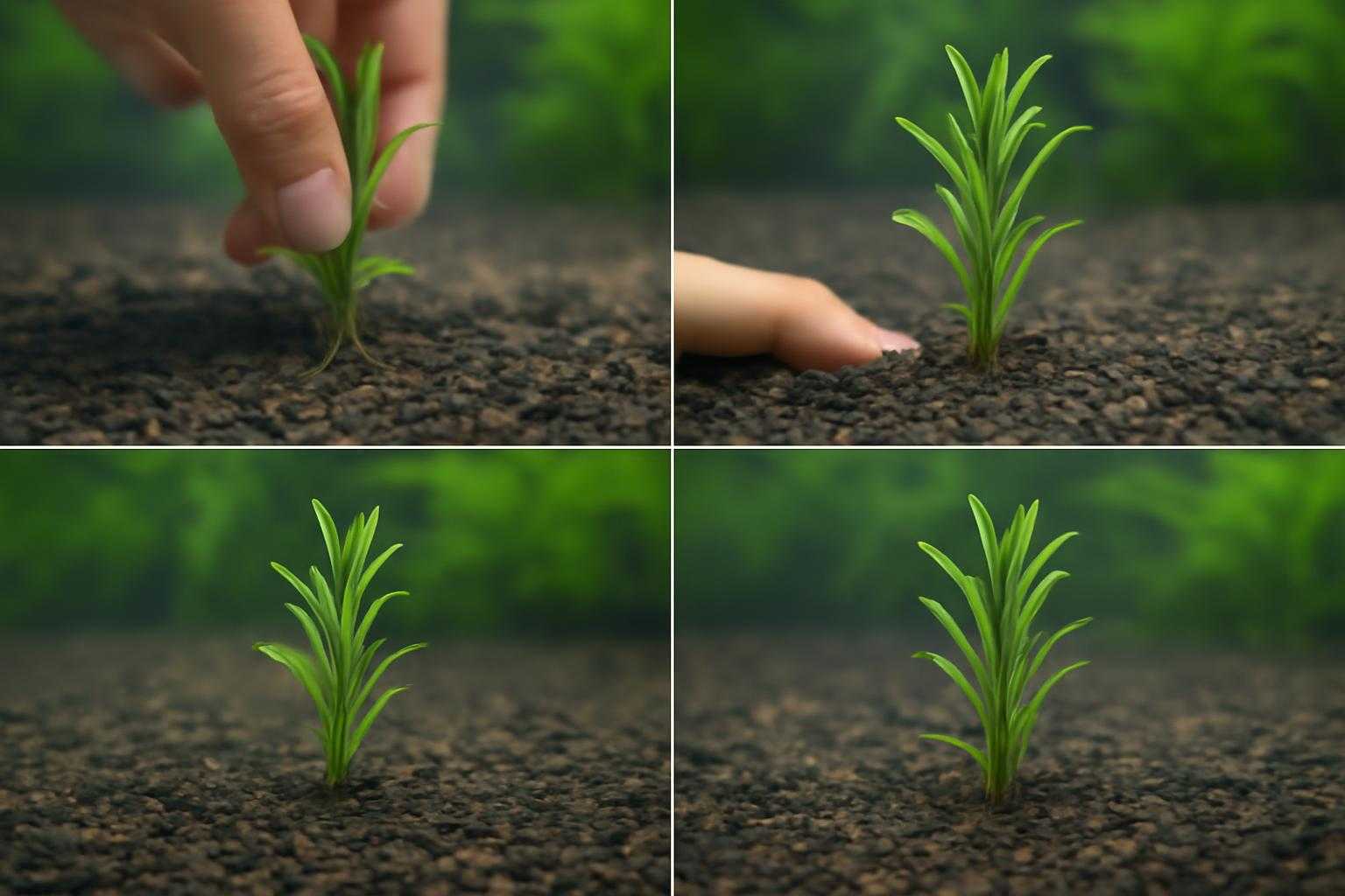カボンバの茎を水に植える手順を示す比較画像