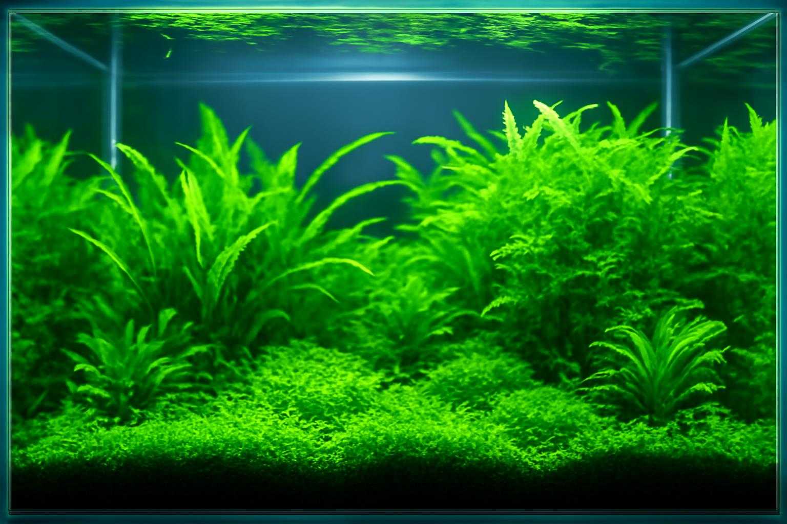 透明な水槽で健康的に成長する緑色の水草が光に照らされている