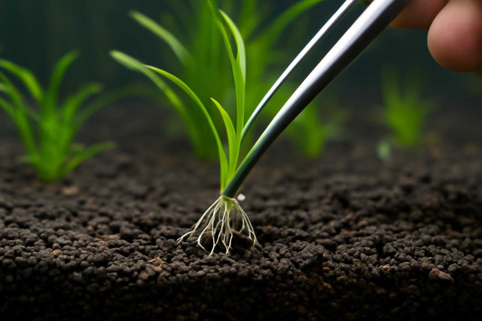 水槽に植えられたバリスネリア ナナの根と茎の様子