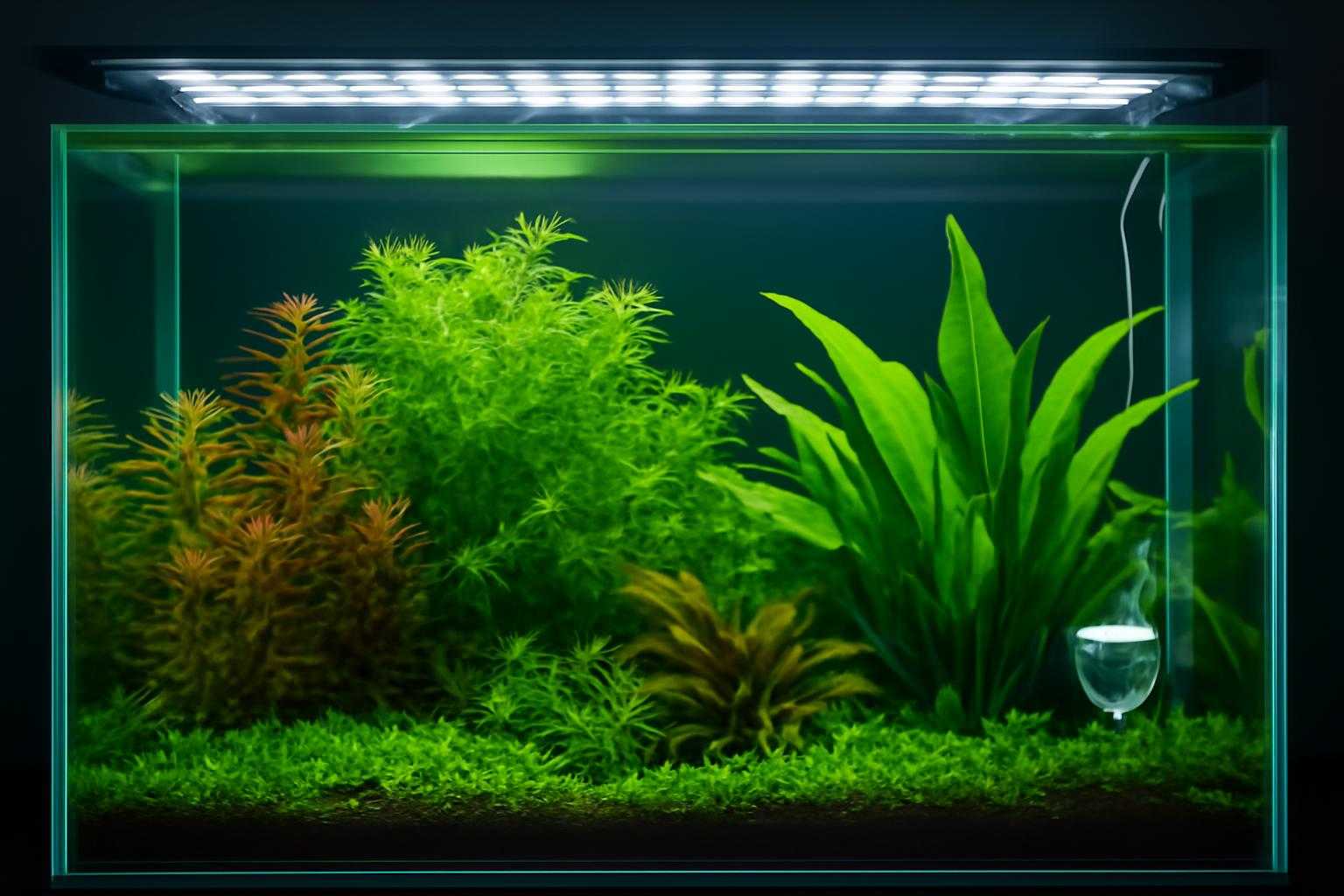 照明とCO2パイプを備えた水草水槽の全体像