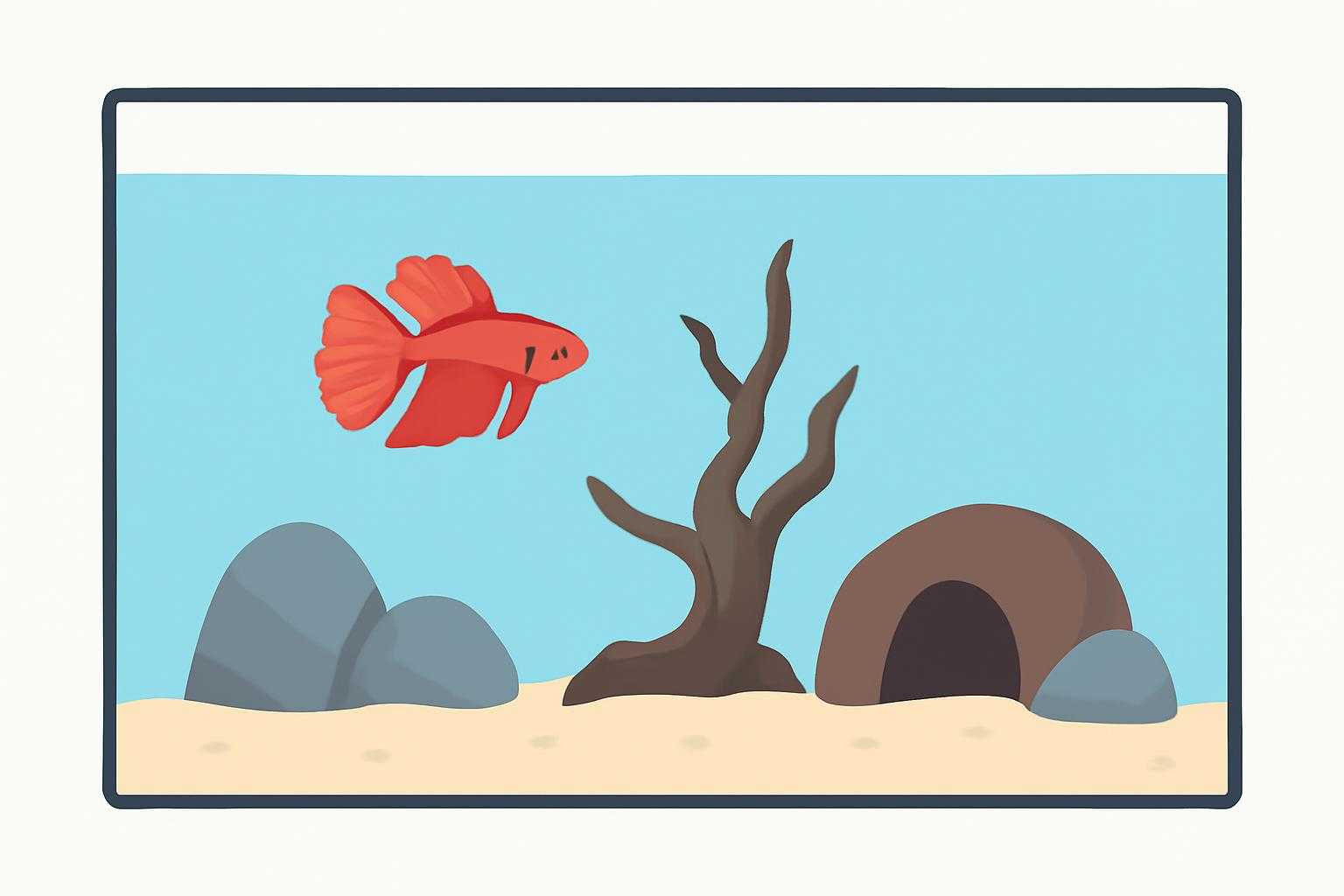 ベタ魚のための装飾品や隠れ場所が配置された水槽レイアウト