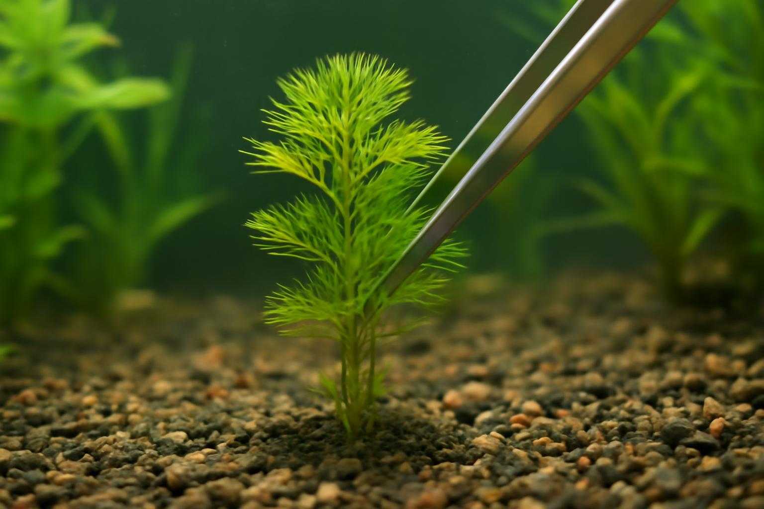 アクアリウムの砂地にカボンバを植え付けている様子