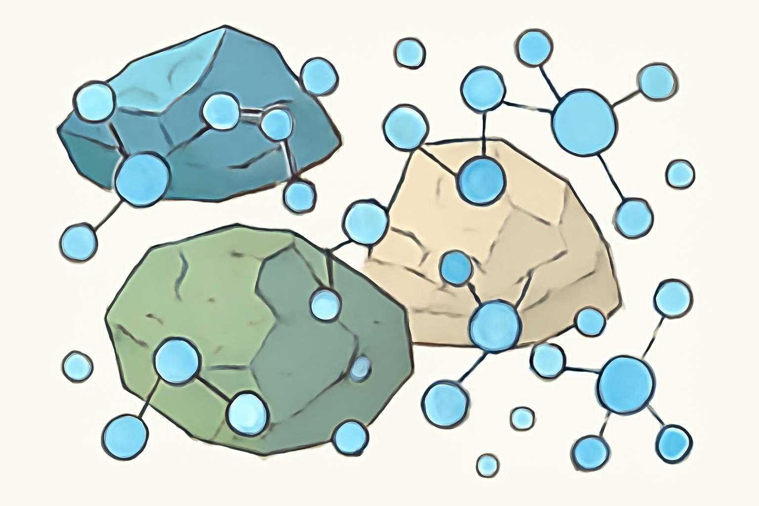 麦飯石と水の分子が相互作用する科学的なイメージ図
