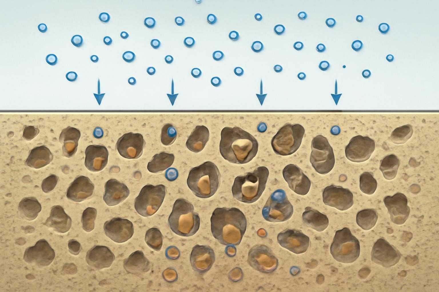 麦飯石が水を浄化し、ミネラルを溶出させるメカニズムを表現した図解