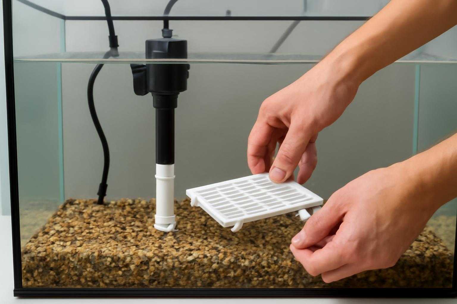 底面フィルターを水槽に設置している作業風景