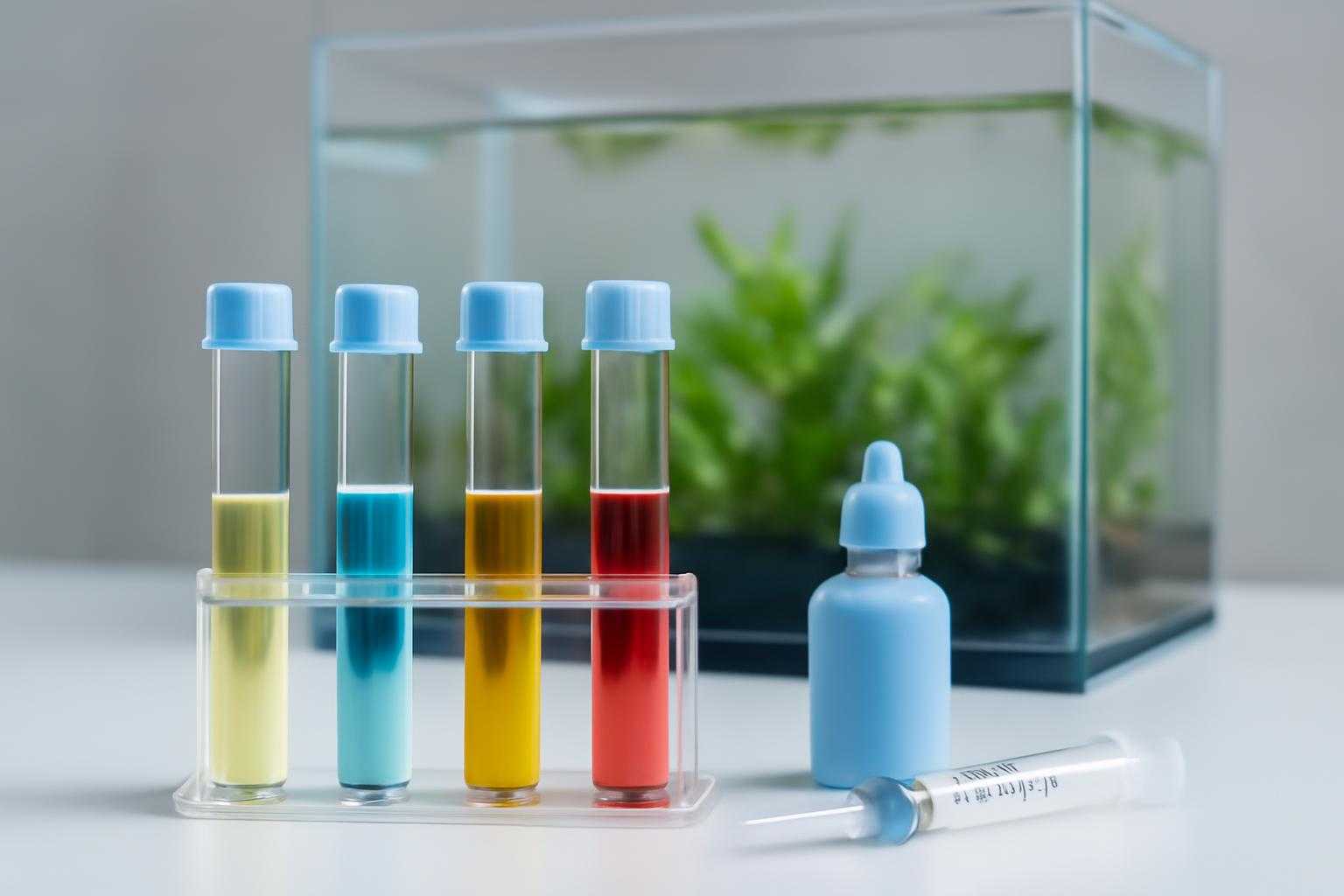 水槽の水質検査キットと透明な水槽を見比べている様子