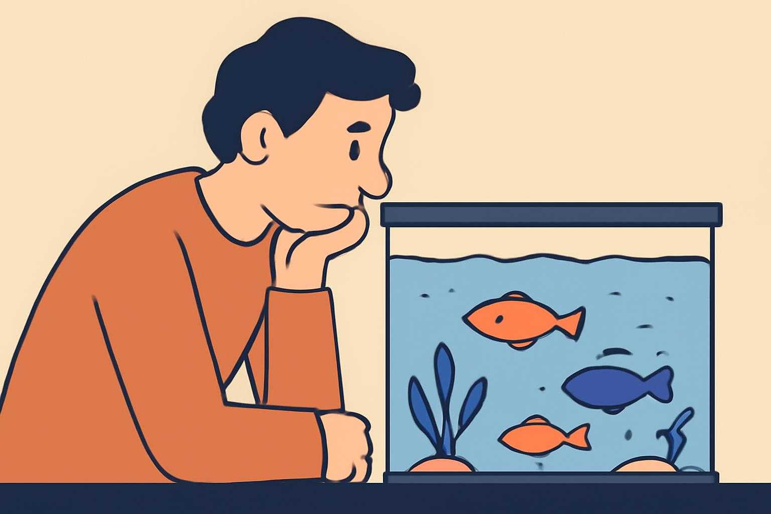 疑問符が浮かぶ人が水槽を覗き込んで観察している