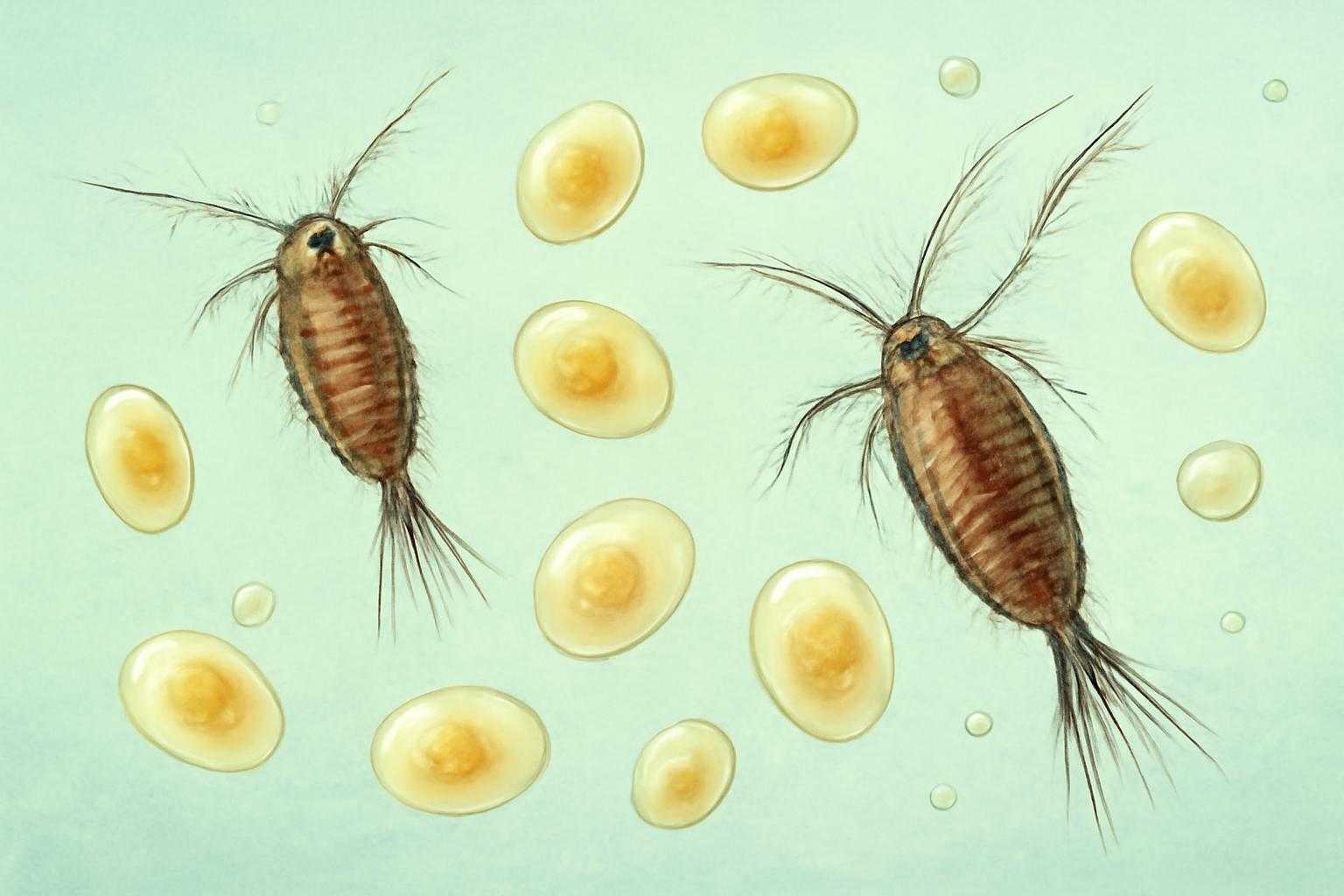 カイミジンコとメダカの卵が水中に浮かぶ様子