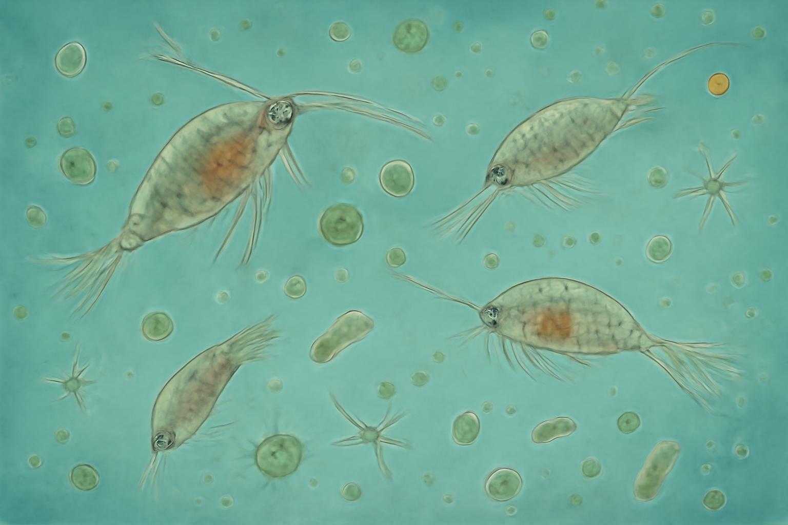 カイミジンコが水中で活動し、微生物を食べている様子