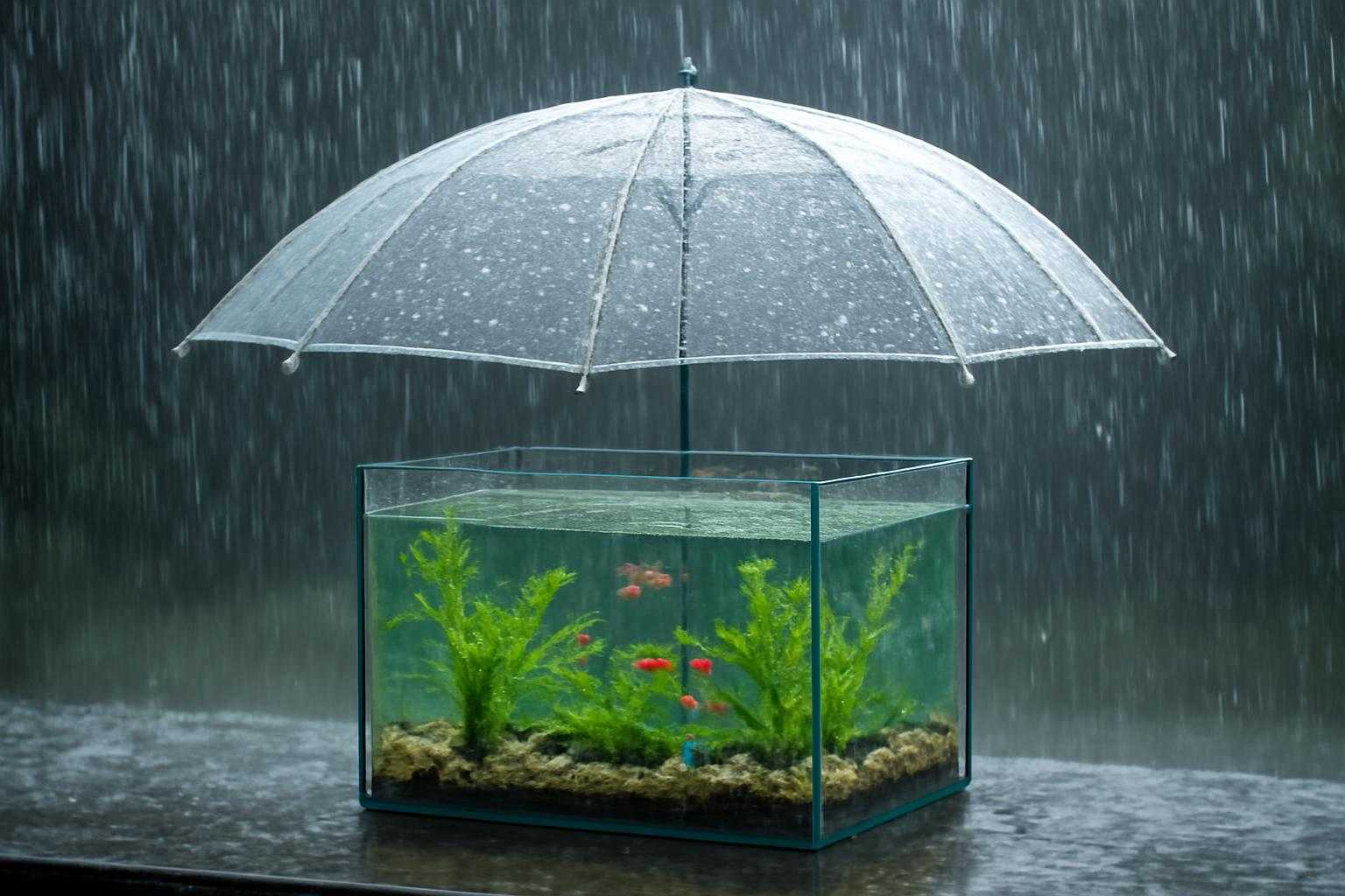 雨が降っている中、メダカの飼育容器に透明な傘をかぶせている様子
