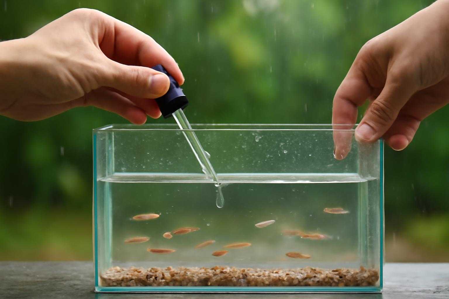 飼育容器の水をスポイトで採取して検査・交換している実作業の光景