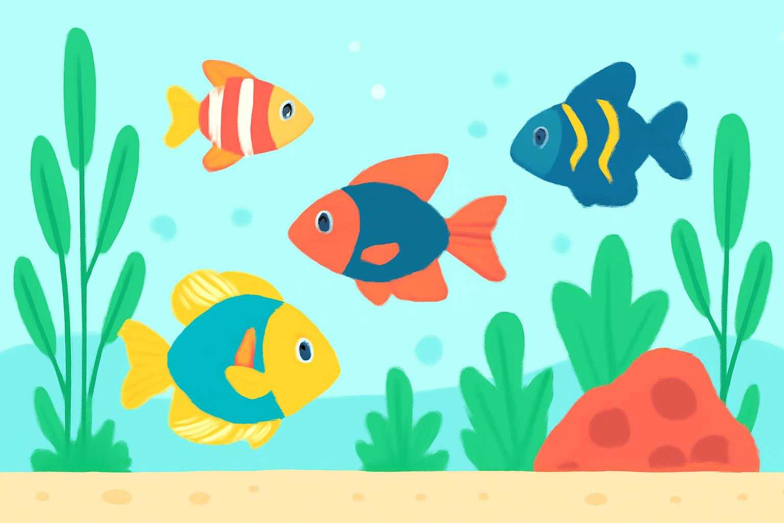 水槽内で複数の熱帯魚が泳いでいる風景