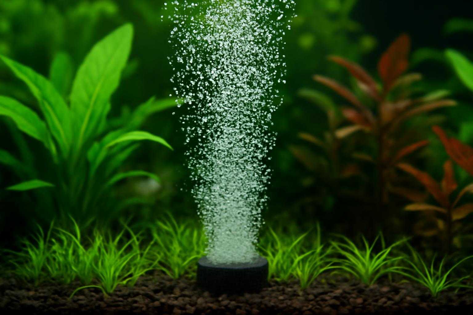 エアストーンから細かい気泡が水槽内に上昇している様子